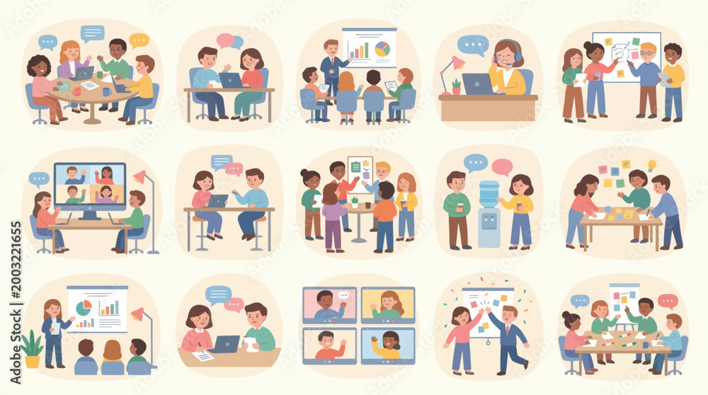 Naklejka premium Diverse people in business meetings, teamwork, and online collaboration, flat design
