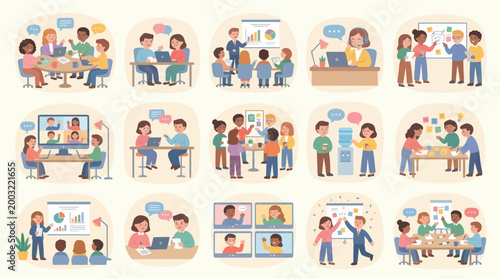 Diverse people in business meetings, teamwork, and online collaboration, flat design