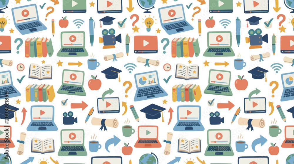 Fototapeta premium Online education pattern with laptops, books, graduation caps, and video icons