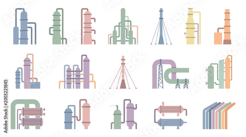 Industrial Plant Icons Set - Flat Vector Graphics of Chemical Refinery Equipment