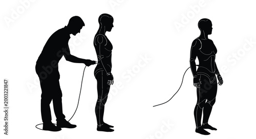 Silhouette illustration of a person plugging a cord into a female robot figure in a design concept