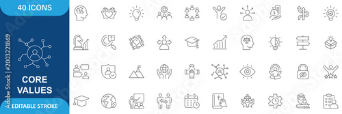 Core Values Icon Set. Containing Integrity, Ethics, Mission, Vision, Principles, Culture, Trust, Responsibility, Leadership, Commitment, Belief and more. Line Icon. Editable Stroke.