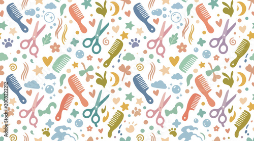 Whimsical Pet Grooming Flat Vector Seamless Pattern with Combs, Scissors, Paw Prints