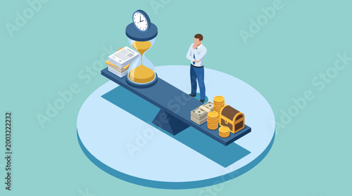 This conceptual illustration depicts a figure balancing an hourglass and coins, exploring the relationship between time management and financial decision-making in professional life.