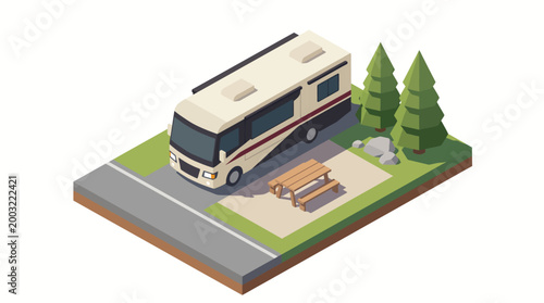 A recreational vehicle parked at a scenic campsite surrounded by tall trees and a picnic area, representing the freedom and adventure of travel and outdoor living.