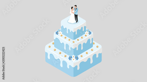A beautifully designed wedding cake featuring a bride and groom figurine on top, symbolizing love, celebration, and the union of two people in matrimony.