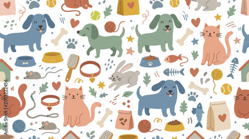 Cute cartoon pets pattern, dogs, cats, rabbit, toys, food, flat illustration