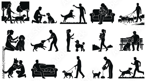 Black  White Silhouette Vector Icons: People  Dogs Activities, Vet, Pet Care