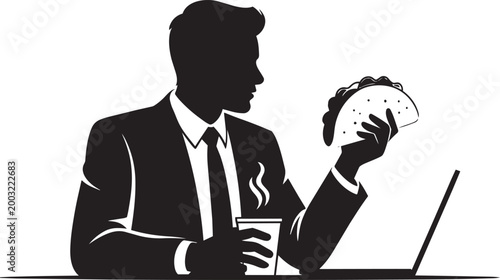 Man in suit holding taco and coffee cup in front of laptop illustration with fast food hot drink