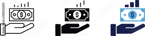 Vector icons of hand supporting money showing financial growth and savings concept in flat design.
