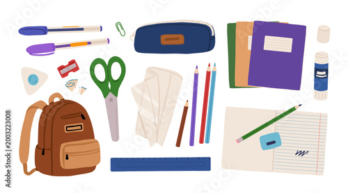 Flat vector set with school supplies, backpack, notebooks, pencil case, scissors, colored pencils, ruler, eraser, glue, back to school