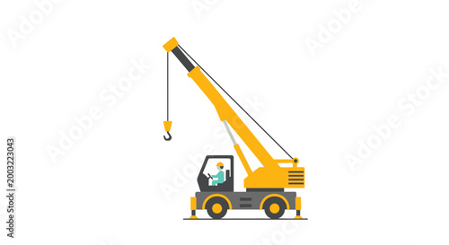 Construction crane with operator on white background, vector flat illustration