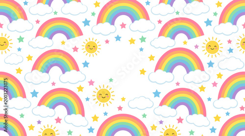 Cute Rainbow and Sun Pattern, Flat Design, Children's Theme