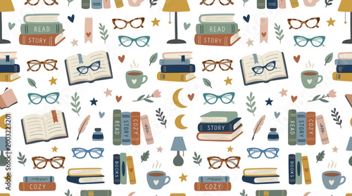Cozy Reading Books and Glasses Flat Illustration Seamless Pattern - Education  Literature Vector.