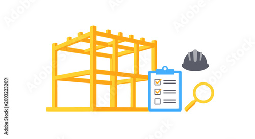 Construction Site Inspection: Building Frame, Checklist, Hard Hat