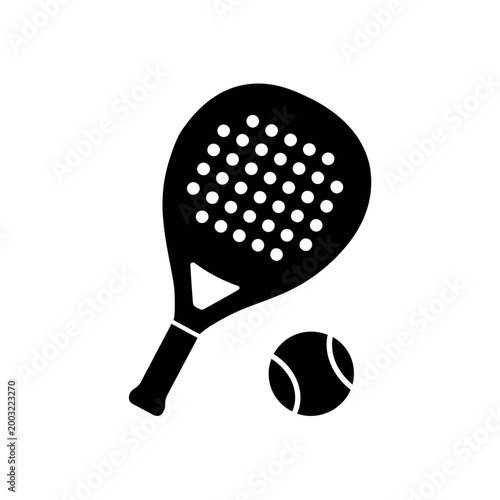 Black paddle tennis racket and ball on white background