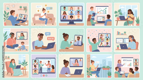 Flat Vector Illustrations of Remote Work, Online Education  Virtual Video Conference Calls