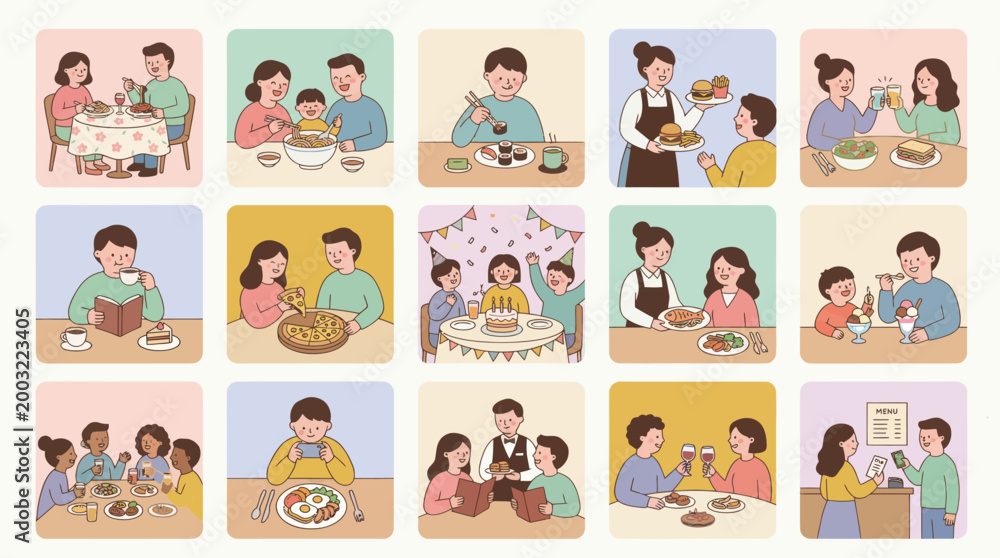 Fototapeta premium Family Dining Out, Various Meals, Happy People, Flat Cartoon Style