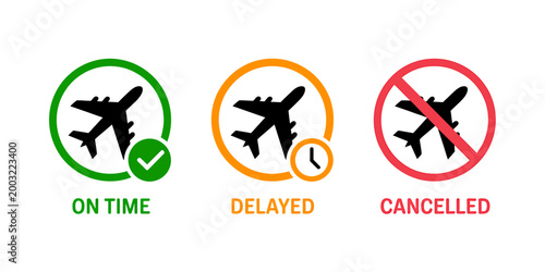Flight status icons for on time delayed and cancelled flights