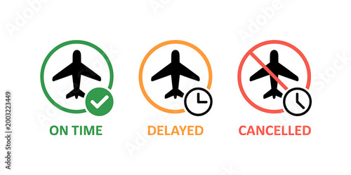 Flight status icons for on time delayed and cancelled flights