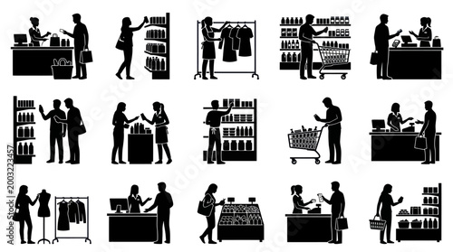 Black and White Glyph Icons of Shopping and Retail Store Activities Customer Service