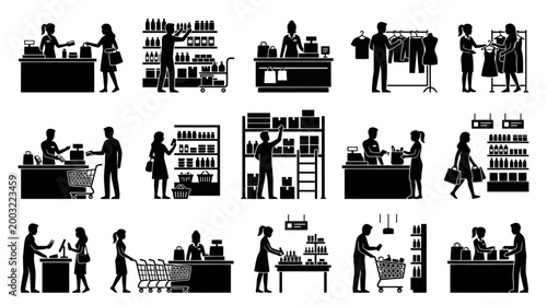 Black  White Silhouettes of People Shopping in a Supermarket and Clothing Store