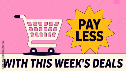 Shopping cart with pay less deals on pink background and text