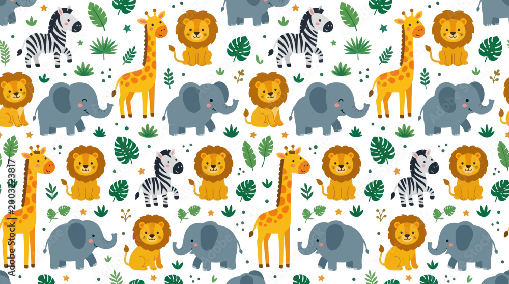 Naklejka premium Cute Cartoon Safari Animals Pattern - Vector Art