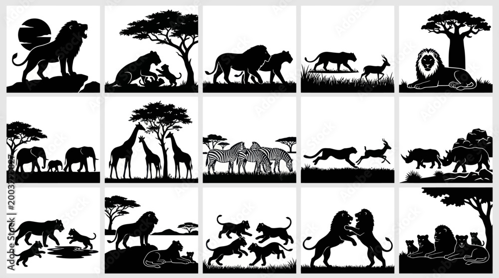 Fototapeta premium African Safari Wildlife Animals Black and White Silhouette Vector Icons Set