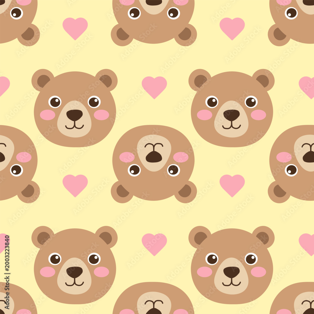 Obraz premium Seamless animal pattern featuring smiling faces of brown teddy bears and pink hearts on a yellow background