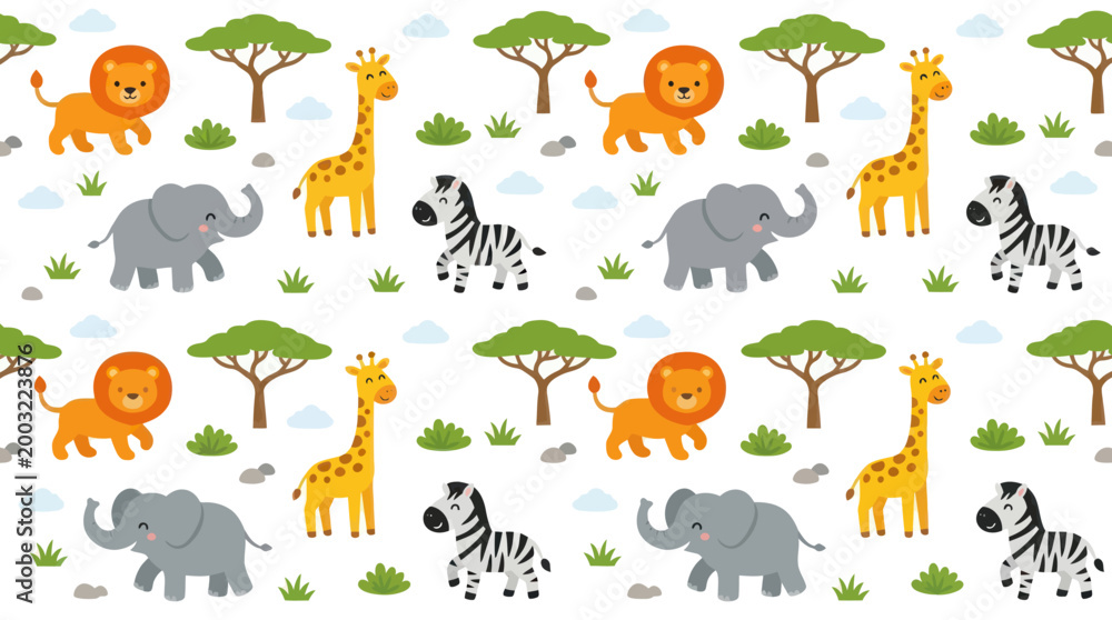 Fototapeta premium Cute Flat Cartoon Safari Animals Seamless Pattern Vector for Children's Design Textile