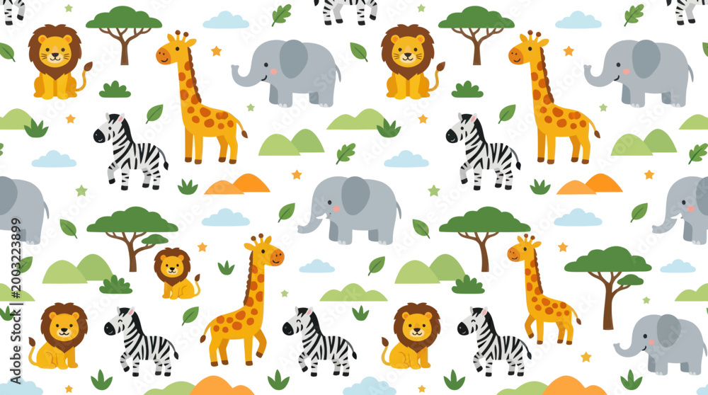 Naklejka premium Cute Cartoon Safari Animals Pattern, Flat Style Vector Illustration