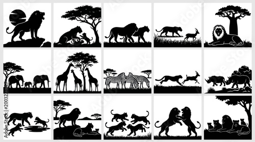 African Safari Wildlife Animals Black and White Silhouette Vector Icons Set