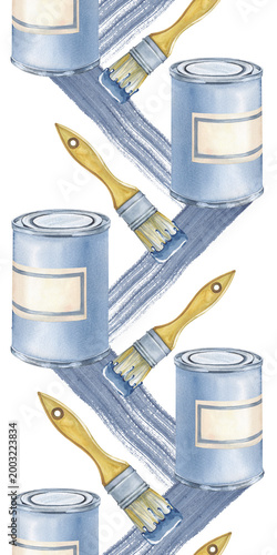 Vertical seamless border with cans of paint, brushes and stripes of blue paint on an isolated background. Watercolor illustration with working tools. Realistic drawing for the design of repair shops