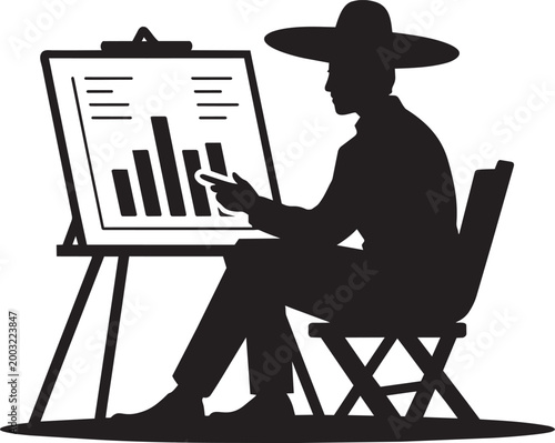 Man with wide brim hat presenting bar graph chart data analysis on easel board illustration
