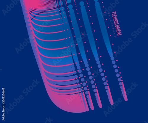 A multitude of dynamic dots create a blocky form with color transitions and glow. Pulsating electrical energy in multilayered movement. Industrial style for digital projects. Grid. Vector for design.