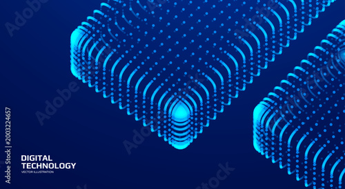 Two digital blocks composed of glowing dots creating a wireframe grid. Industrial style. Modeling. Technological background for a brochure, poster, cover, or postcard. 3D vector illustration.