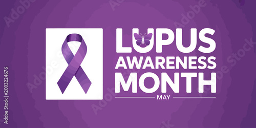 Lupus awareness month purple ribbon and text on purple background