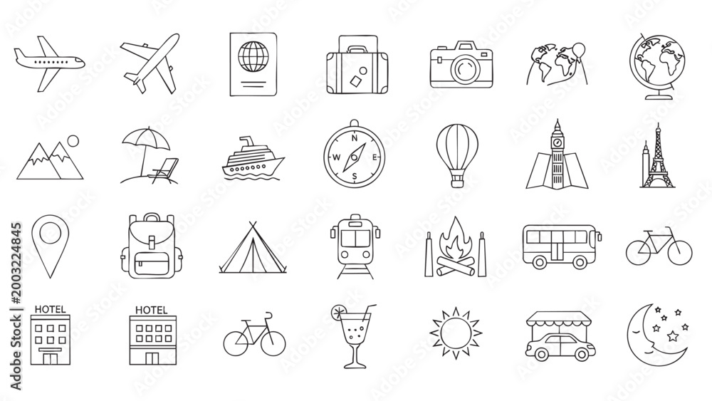 Fototapeta premium Travel and transportation outline icons