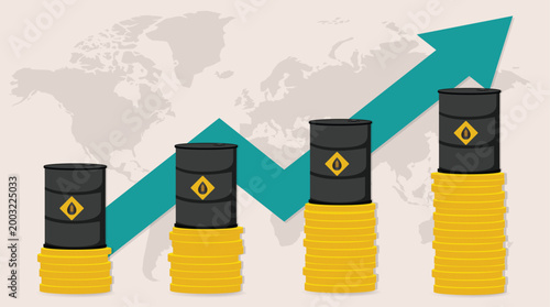 Crude oil valuation concept with barrels and financial stacking