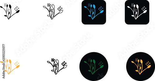 Minimalist botanical sprout logo icon set with organic floral leaf elements in multiple color variations for branding