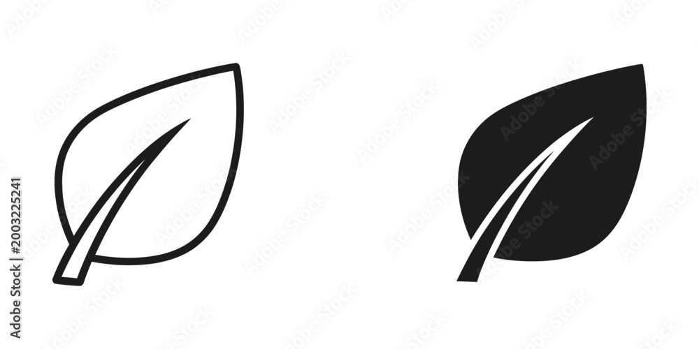 Fototapeta premium Simple black and white leaf icon pair with outline style