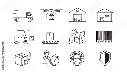 Logistics and shipping icons outline set