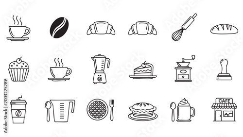 Cafe and bakery line art icons