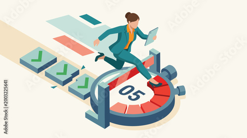 A businesswoman hurries while checking her tablet, embodying urgency and the fast-paced nature of modern work life, underlining the importance of time management and efficiency.
