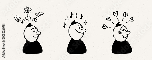 Comic character, calm expression set with simple faces and doodle symbols showing moods like calm, happy, and love in a hand drawn style. Comic character expressions with light motion effects.