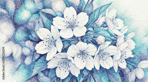 A watercolor dot painting of blooming flowers in a glass vase placed on a table is a beautiful home decoration.