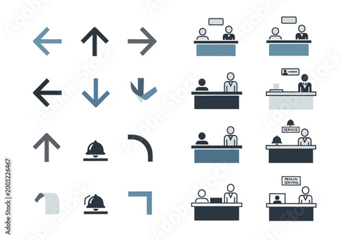 Set of Icons Featuring Arrows Bells and Reception Desks.