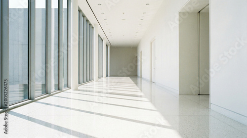 A long empty corridor inside a modern building with doors on both sides and soft indoor lighting