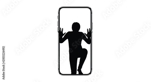 Silhouette of a person trapped inside a smartphone screen in this creative flat vector graphic illustration